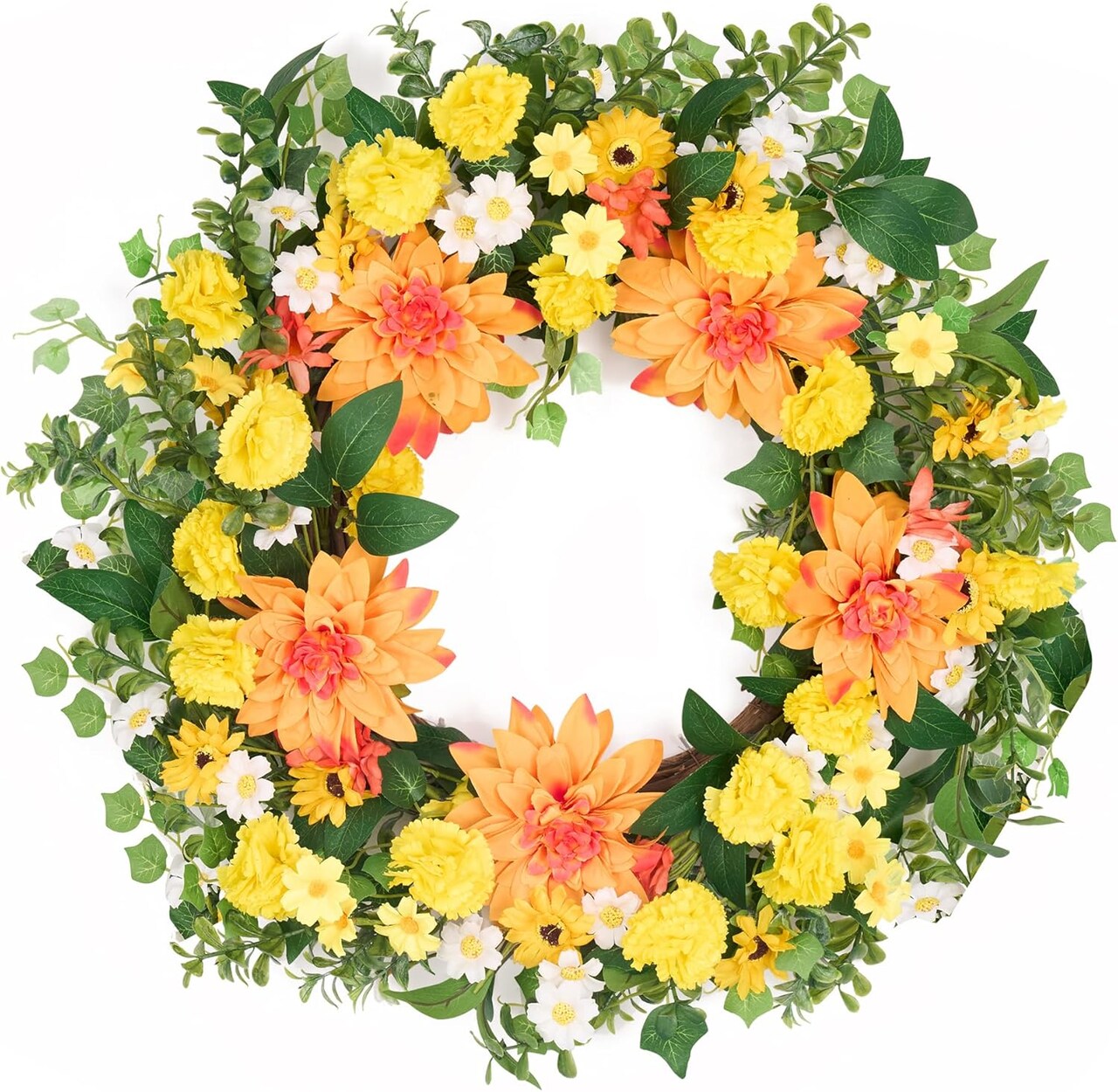 24 Inch Summer Floral Wreath for Front Door, Wreath with Dahlias and Daisies, Flower Home Wreath Decor for Outdoor and Indoor Farmhouse Decoration